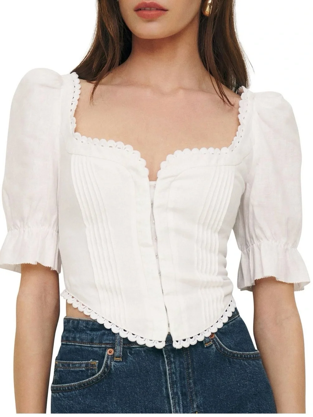 Reformation White Lace-Trim Puff Sleeve Corset Blouse